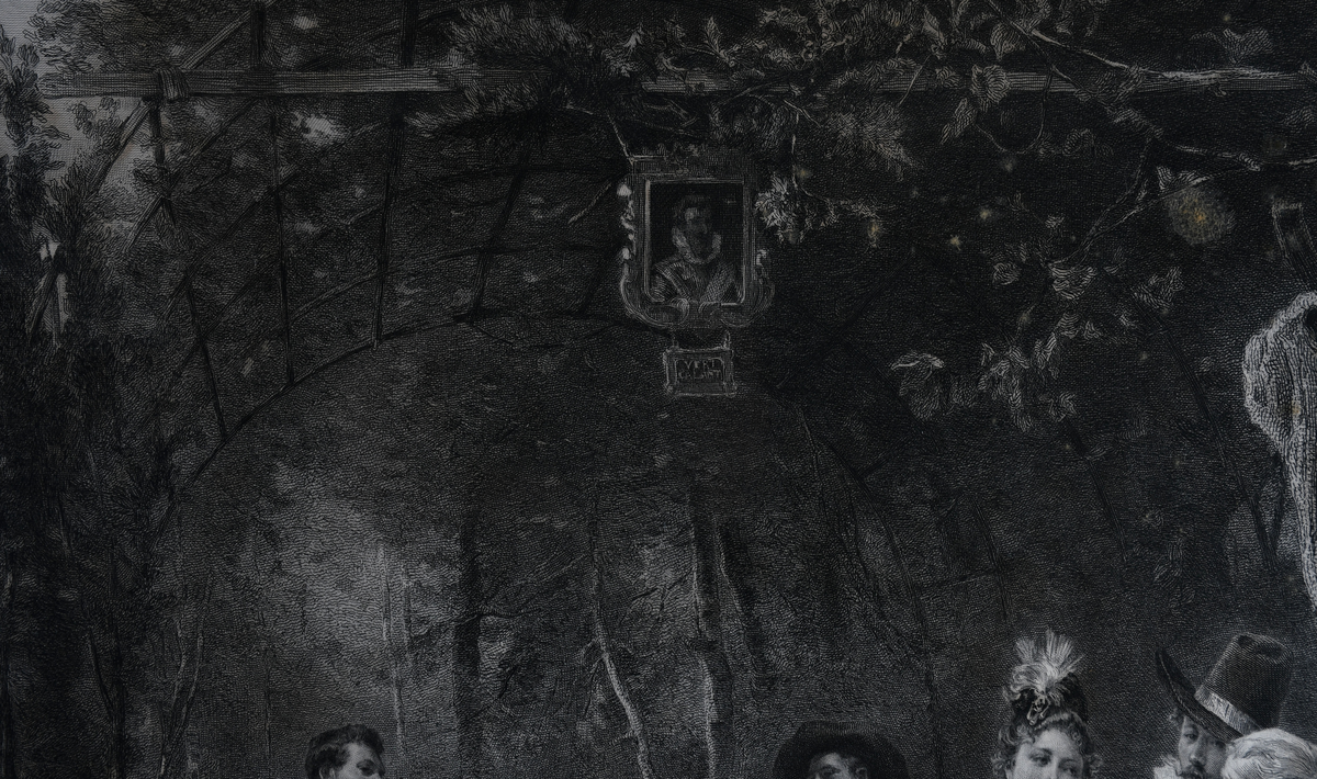 Musikalsk underholdning i Pergola med renessanseborg i bakgrunnen. Mennesker i rennessanseklær i pergolaen.