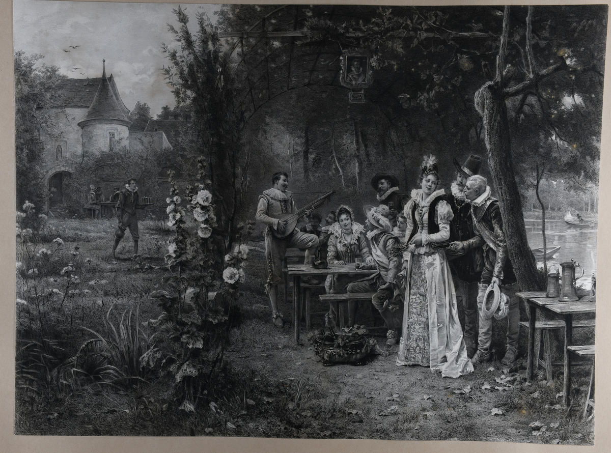 Musikalsk underholdning i Pergola med renessanseborg i bakgrunnen. Mennesker i rennessanseklær i pergolaen.