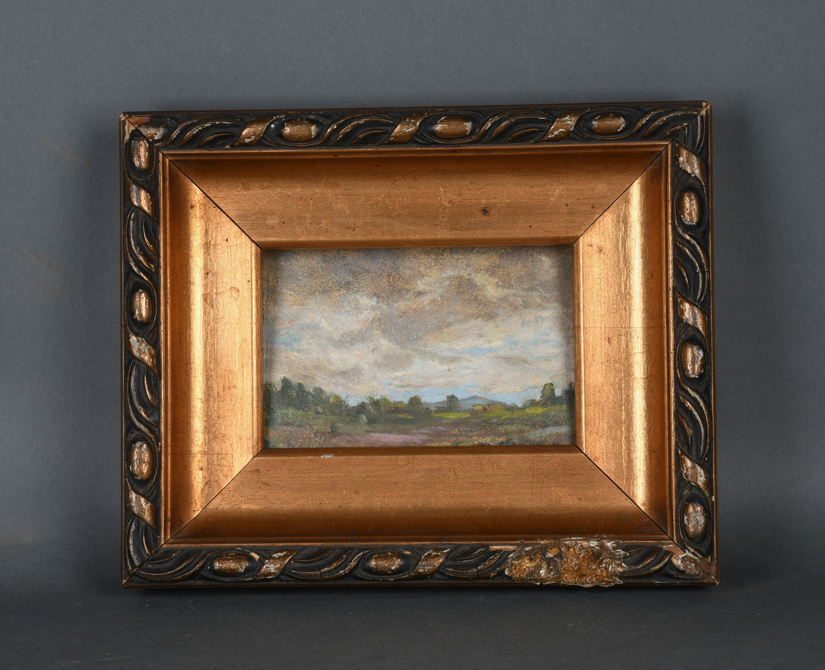 Landskapsmaleri med stormfull, skydekket himmel. Mellomgrunnen deles opp av en skogslinje, og et fjell i bakgrunnen. Himmelen har fått størst tildelt plass i motivet.