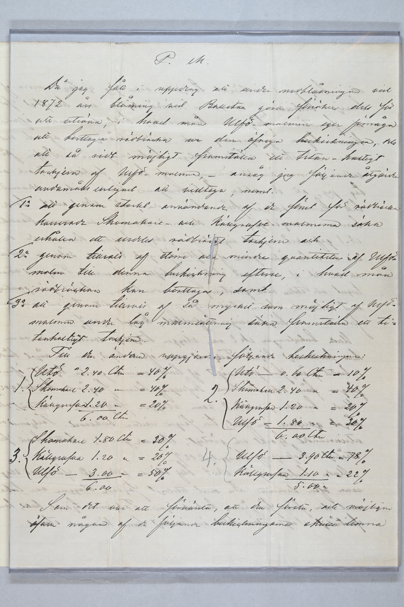 Sex prover på stångjärn. Två prover märkt med brukets stämpel och ett prov märkt med påklistrad lapp med notering: "Stångjern af profsmältan." Tillhörande lapp med notering: "Stångjärn från Högfors. 1." Även två medföljande brev med notering.