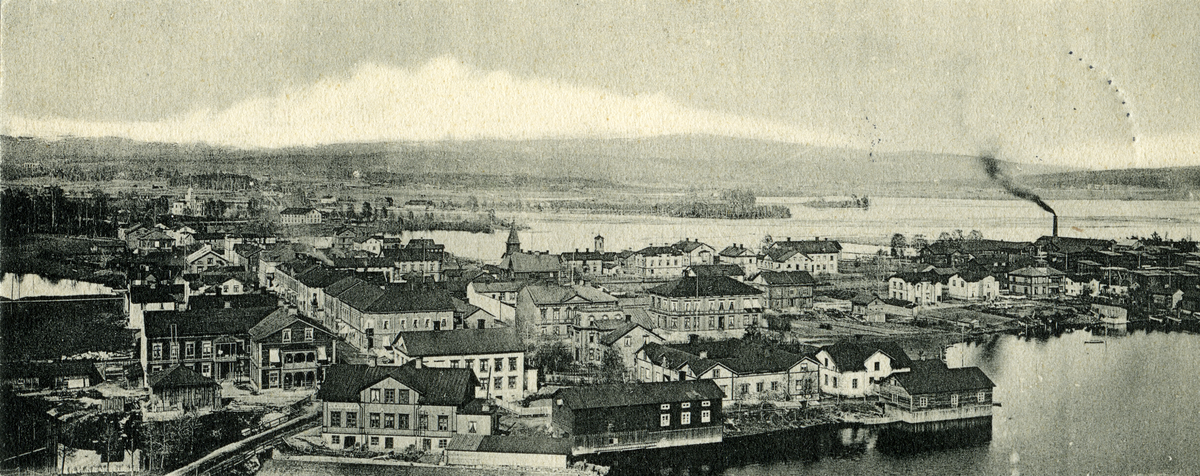 Vykort med panoramavy över Bollnäs. Äldre timmerbyggnader står tätt intill varandra i staden.
Avsändaren skriver: 
23/12 1901 Till Lina Waldenström Fränsta
Fastän en tiger under vanliga förehavanden får jag då lof att en ge ett ljud ifrån mig på post...  Tack för du ville ringa på mig! och tack för anbefallningen! God Jul liten vän