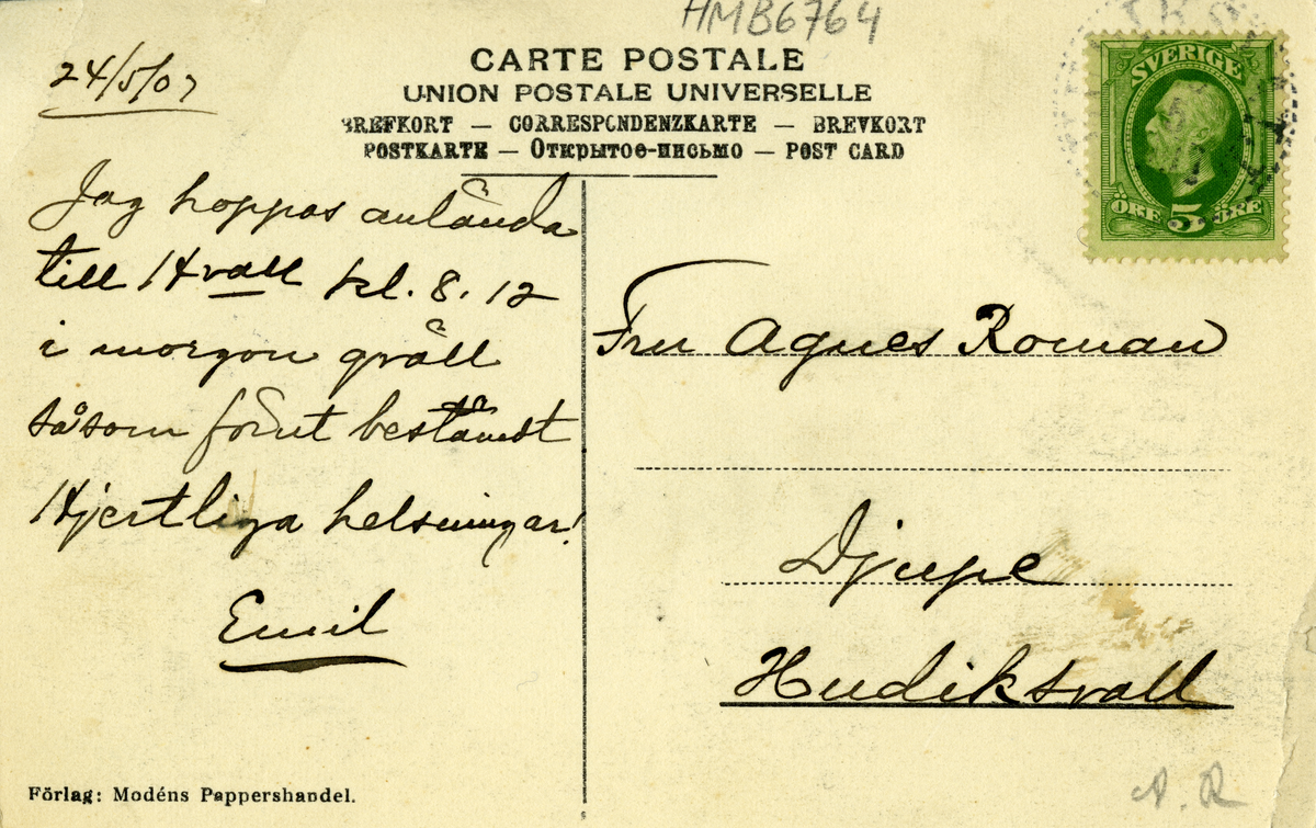 Vykort med motiv från Bollnäs sett från Varpnäs. Datum skrivet av avsändaren: 24/5 1907.