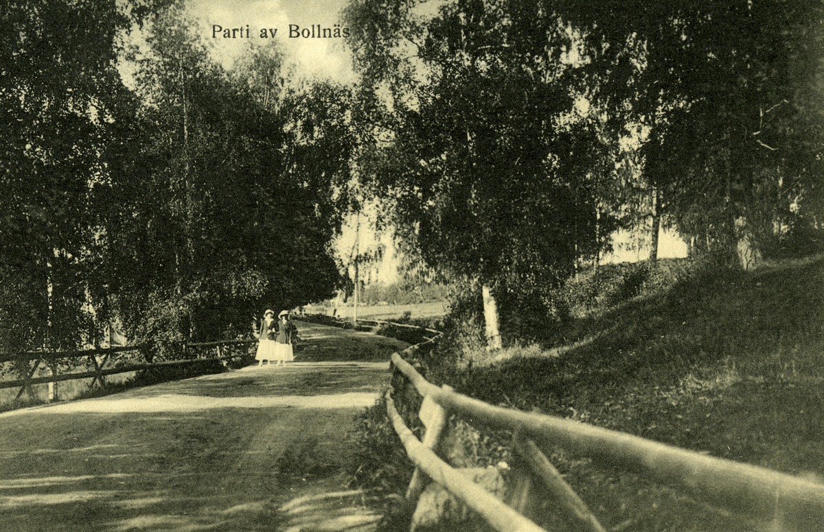 Två kvinnor i hatt på promenad i ett parti av Bollnäs.