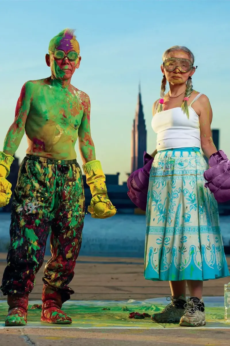 En man med målarfärg över hela kroppen och med boxarhandskar står bredvid en kvinna även hon med boxarhandskar.