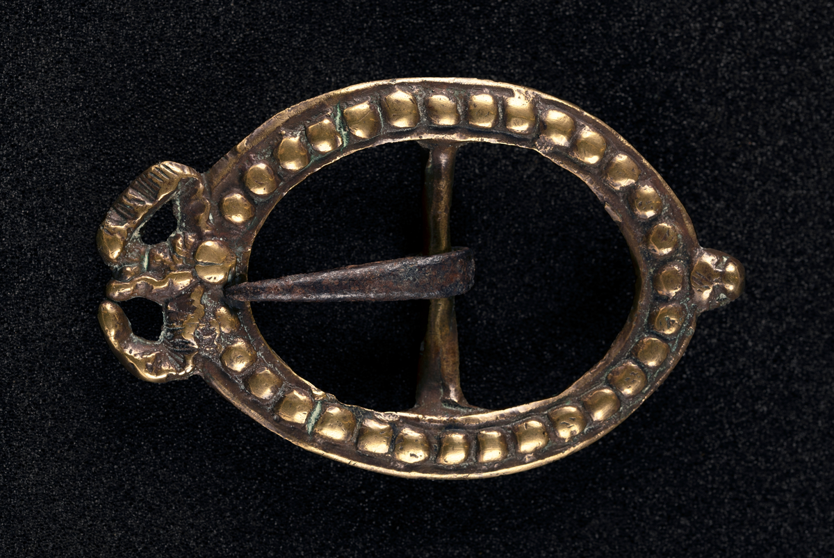 Oval spenne i messing, festes med en torn. Opphøyet, støpt prikkdekor langs kanten med "sløyfe" på toppen. Kan muligens være spenne/beslag til seletøy.