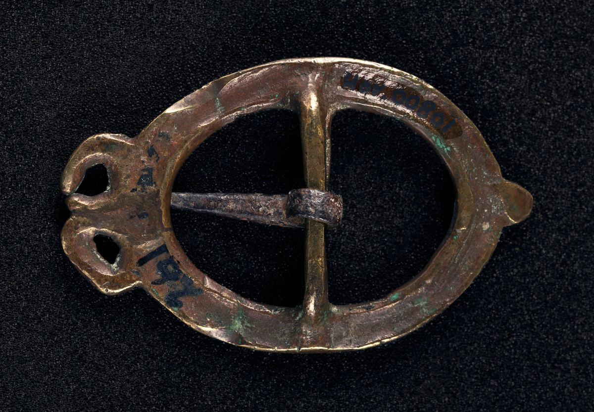 Oval spenne i messing, festes med en torn. Opphøyet, støpt prikkdekor langs kanten med "sløyfe" på toppen. Kan muligens være spenne/beslag til seletøy.