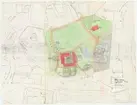 Skånegården.
Situationsplan över sydöstra Skansen med inplanerade förändringar.
Delvis kolorerad.