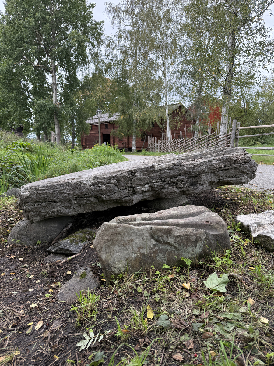 Grå kalkstenshäll med avlånga, ljusare fåror. Ena sidan av hällen något tunnare än den andra. Synlig sprickbildning.