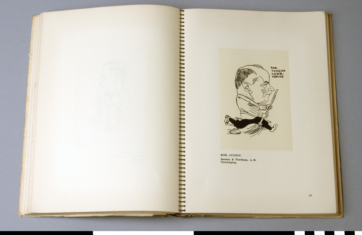 Årsbok, 4 st, med karikatyrer av olika järnhandlare. Titel: MÄN I JÄRN utgiven av Bolinders Fabriks Aktiebolag. Spiralbindning.
A: DEL I  1935-1936.
B: DEL II 1936-1937.
C: DEL III 1937-1938.
D: DEL IV 1938-1939. Tunnare än de andra delarna. Djup= 10 mm.

Funktion: Årsvis återblick eller sammanställning, ofta använd som minnesgåva