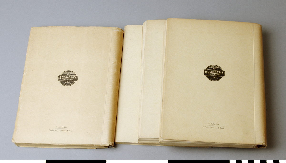 Årsbok, 4 st, med karikatyrer av olika järnhandlare. Titel: MÄN I JÄRN utgiven av Bolinders Fabriks Aktiebolag. Spiralbindning.
A: DEL I  1935-1936.
B: DEL II 1936-1937.
C: DEL III 1937-1938.
D: DEL IV 1938-1939. Tunnare än de andra delarna. Djup= 10 mm.

Funktion: Årsvis återblick eller sammanställning, ofta använd som minnesgåva