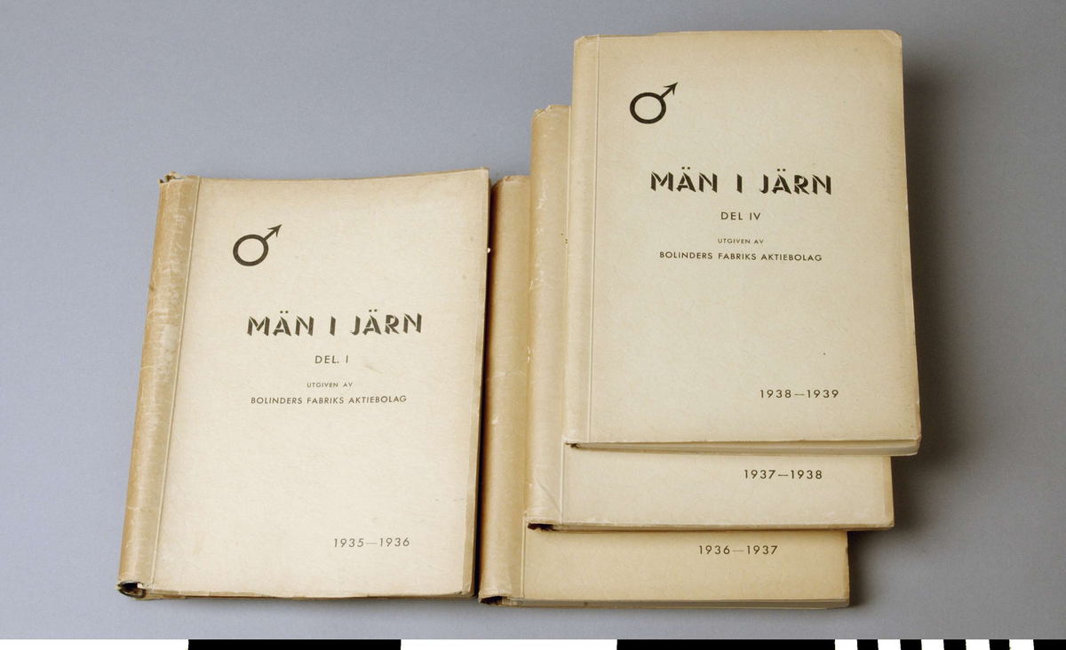 Årsbok, 4 st, med karikatyrer av olika järnhandlare. Titel: MÄN I JÄRN utgiven av Bolinders Fabriks Aktiebolag. Spiralbindning.
A: DEL I  1935-1936.
B: DEL II 1936-1937.
C: DEL III 1937-1938.
D: DEL IV 1938-1939. Tunnare än de andra delarna. Djup= 10 mm.

Funktion: Årsvis återblick eller sammanställning, ofta använd som minnesgåva
