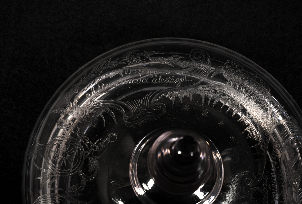 Minnespokal över Vegaexpeditionen av etsat och slipat glas. Dekorerad med Vegas bild, bladrankor, isberg och norrsken samt med donatorers och alla deltagares namn. Lock av etsat glas med liknande dekorering och text.