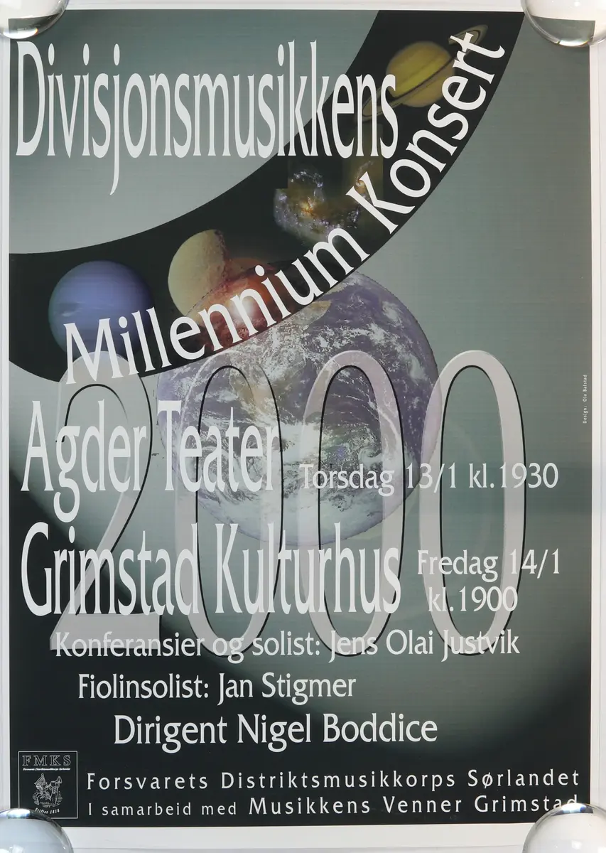 Plakat for konserten "Millennium konsert" med Divisjonsmusikken. Spilt ved Agder teater og Grimstad kulturhus i 2000.