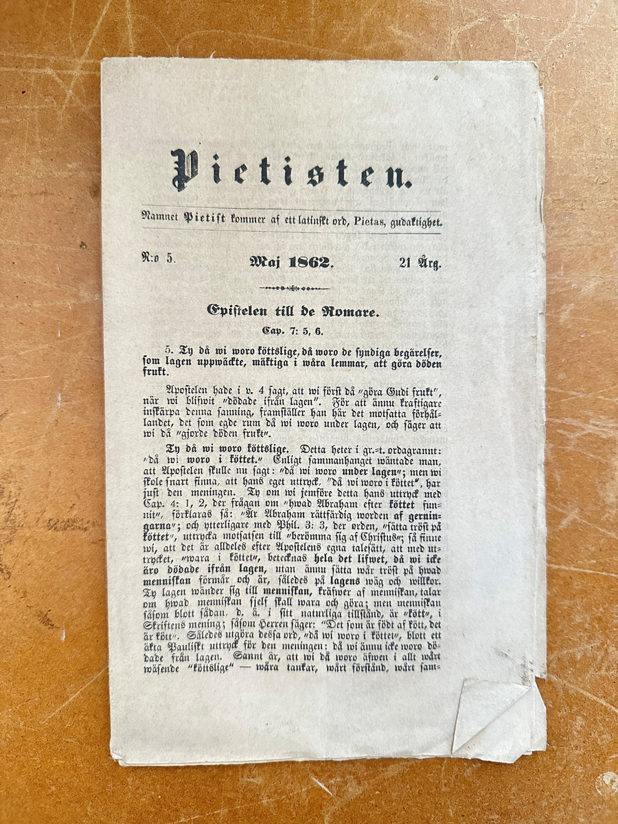 Häfte: "Pietisten", från maj 1862, Nr 5. Ohäftad. 