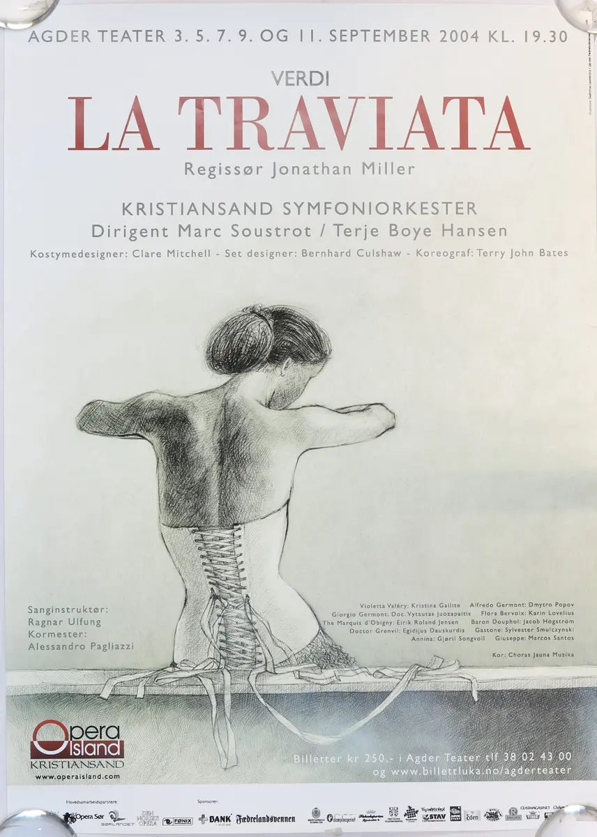 Plakat for oppsetning av "La Traviata". Spilt ved Agder teater i 2004. 