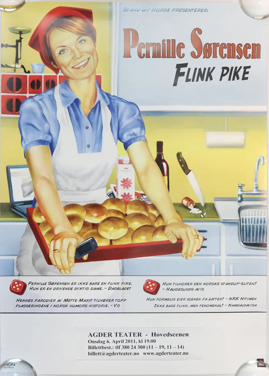 Plakat for stand up forestilling med Pernille Sørensen. "Flink pike" ble spilt ved Agder teater i 2011. 