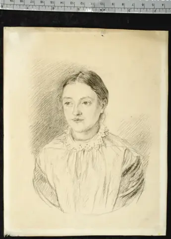 Tegning, barneportrett av Anna Cathrina Stabel "Katinka" (1837-1884), kunstner Matthias Stoltenberg, usignert.
