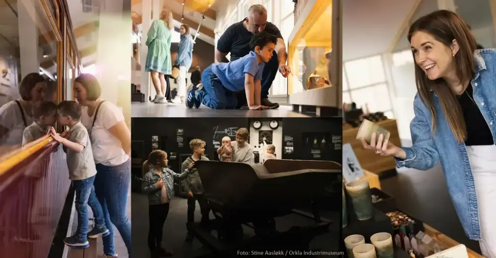 Kolasj av bilder fra utstillingene ved Orkla Industrimuseum