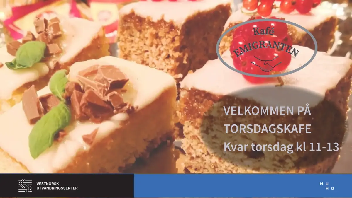Foto av kakestykker med pynt, bringebær, sjokolade og mynteblader. Torsdagskafe kvar torsdag 11.13