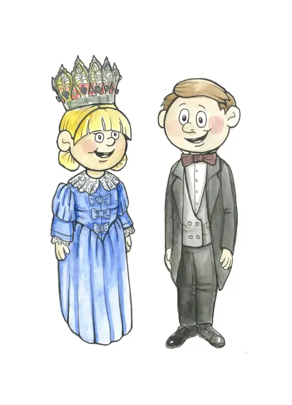 Illustrasjon Buskerudmuseenes maskoter, Idun og Isak. Jente i gammeldags blå kjole med brudekrone og gutt i gammeldags dress.
