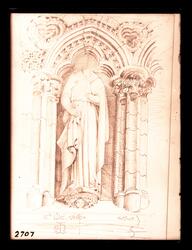 Tegning fra Nidarosdomen. Statue uten hode på vestfronten. T