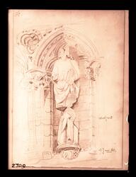 Tegning fra Nidarosdomen. Statue uten hode på vestfronten. T