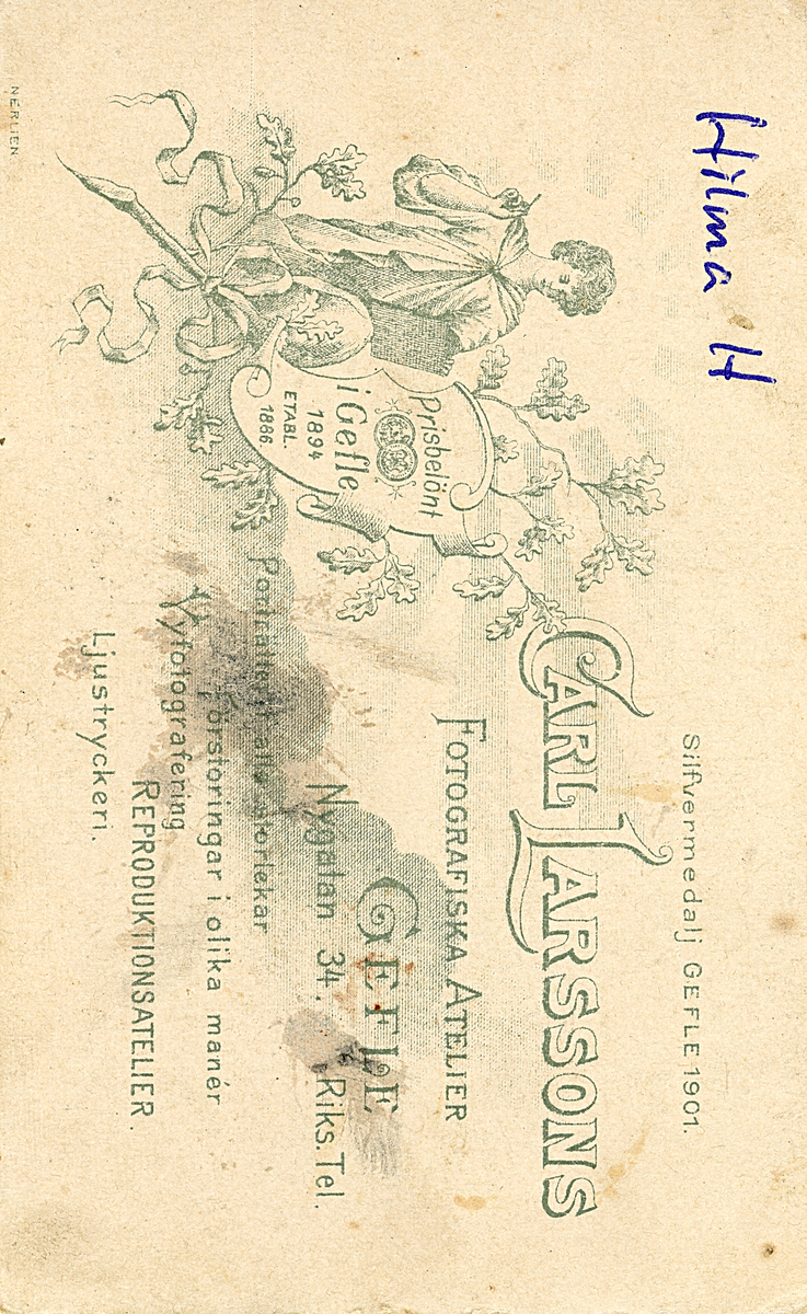 Kvinnoporträtt. Text baksida kort: Hilma H.