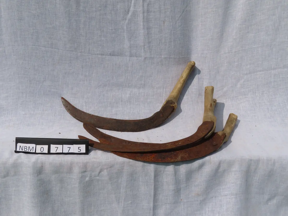 Form: Bueformet blad, krommet håndtak
