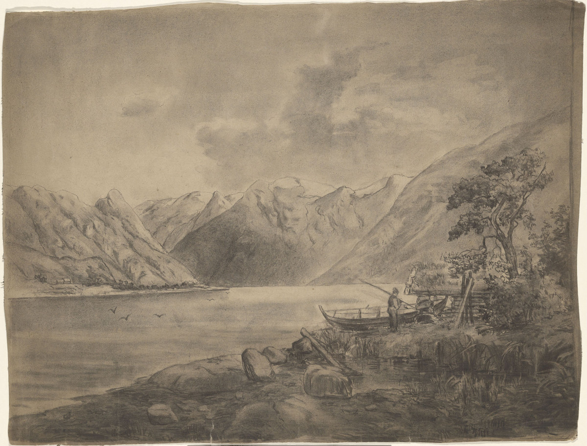 Innsjø ved fjellet [Tegning]