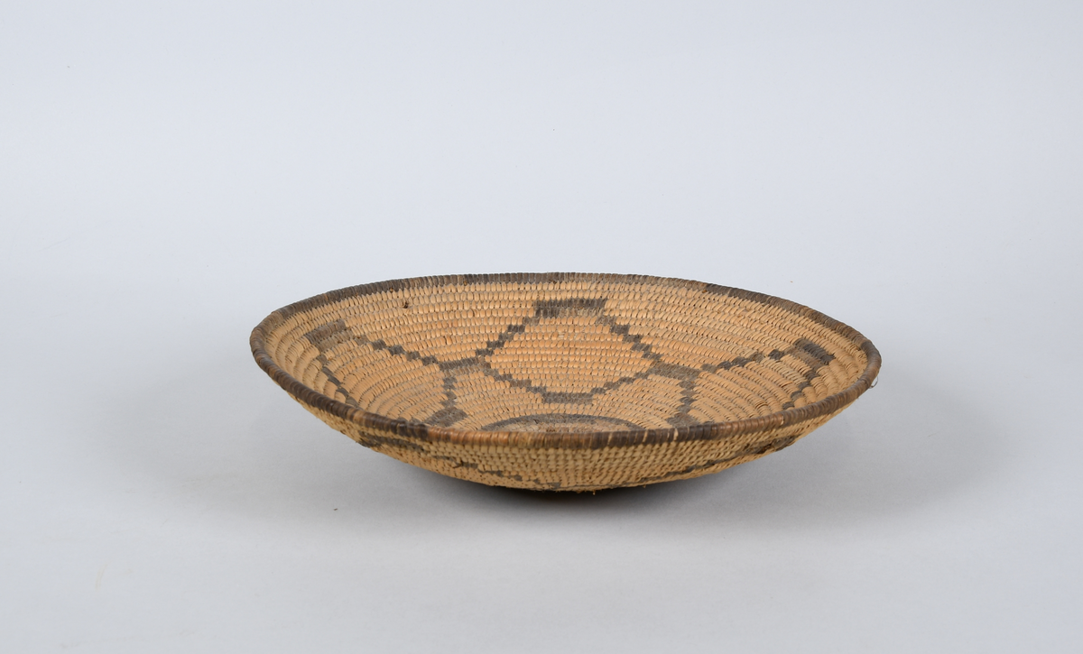 Seks flettede kurver. Flettet i lys og mørk farge, med spiralisert mønster på fire av kurvene, mens de to siste kurvene har stjernemønster og rutemønster.