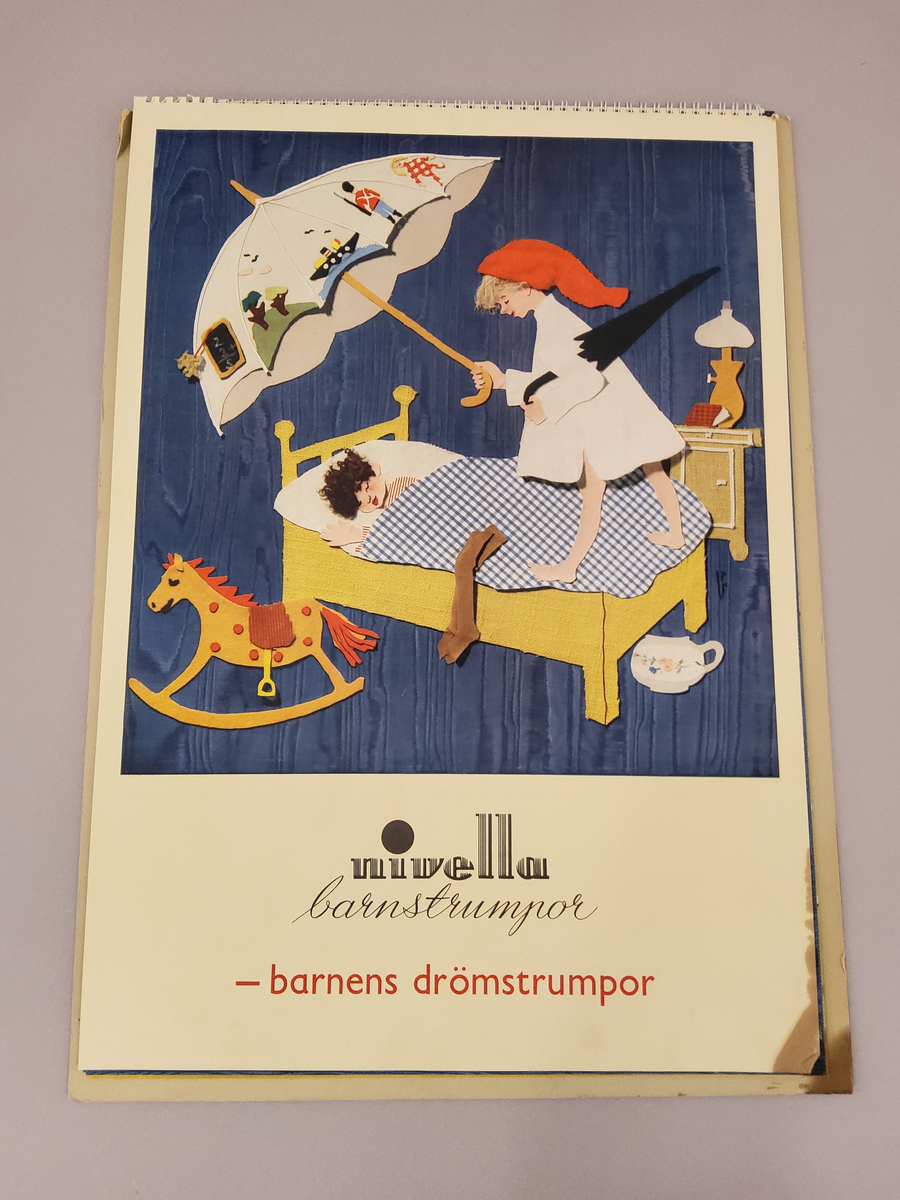 Reklam, almanack-tavla för reklam av Nivella barnstrumpor.