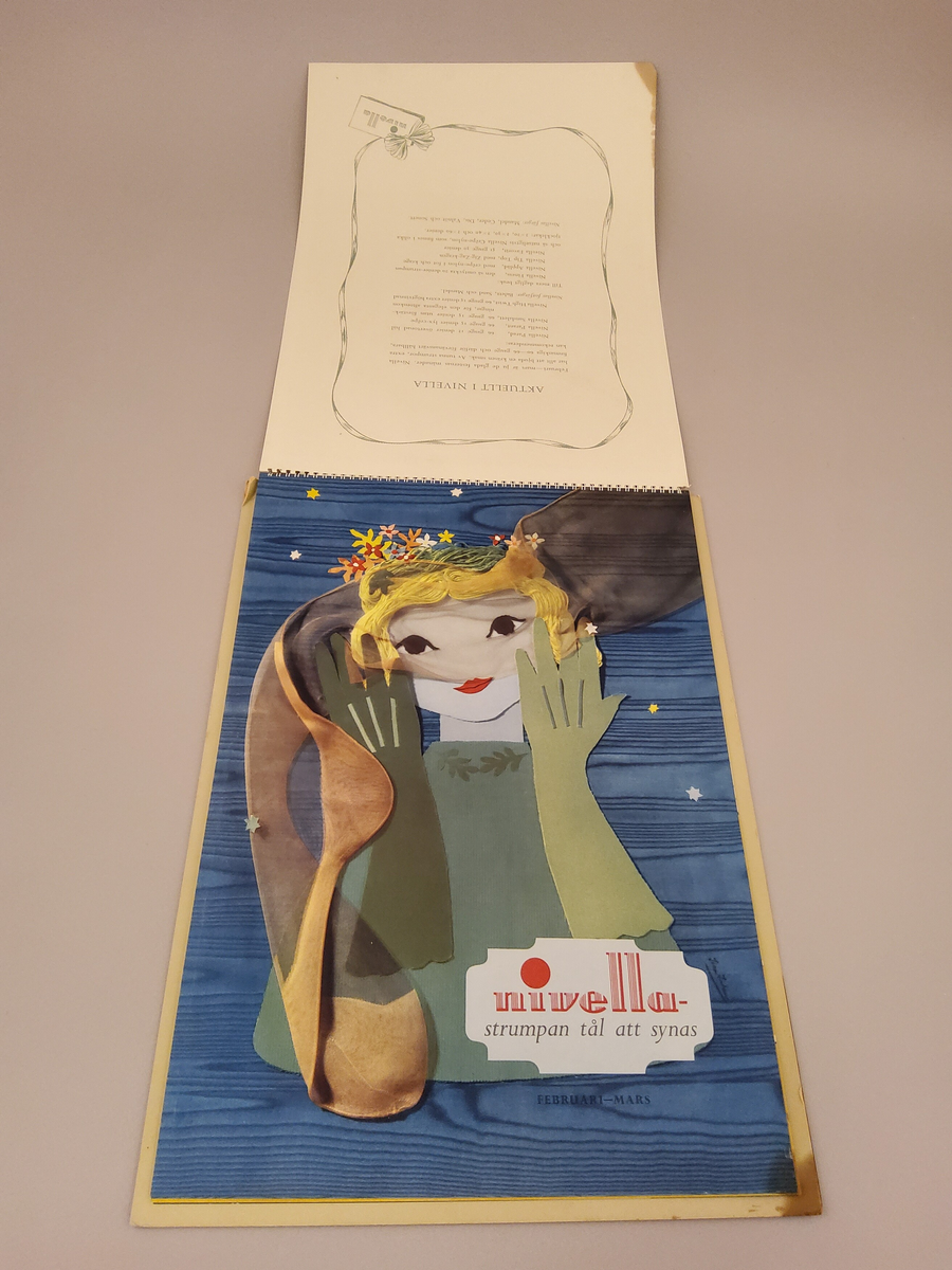 Reklam, almanack-tavla för reklam av Nivella barnstrumpor.