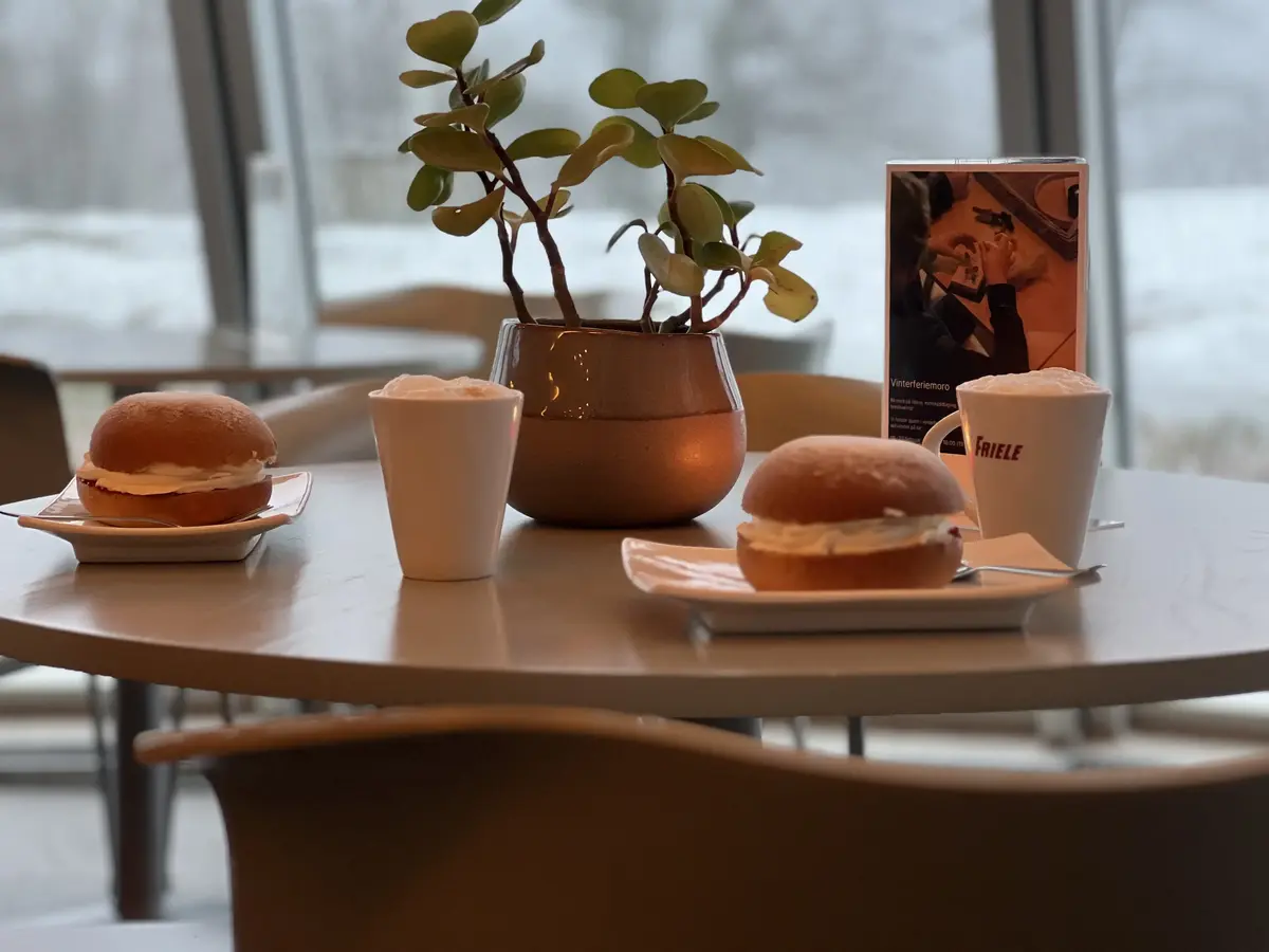 Bildet viser to fastelavn boller og kopper med kakao, begge med masse deilig krem. På det runde bordet er det også en grønn potte-plante. I bakgrunn ser vi et snøfylt landskap utenfor glassveggene.