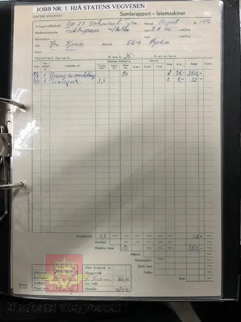 BM-Volvo T-400 traktor med Hymas type 4 graver. Gul, svart og rød traktorgraver lagd i hovedsak av metall, gummi og glass. Merket av produsentene. Dette er en jordbrukstraktor som er påmontert en graver, (gravemaskin), i bakkant. Graveren er hydraulisk drevet og har skuffe og to støtteben. Traktoren er 2-akslet har 6 hjul. To av hjulene er for å kunne bruke traktoren med halvbelter (belter følger med). Motoren er av typen D 913 fra BM, som betyr en tre sylindret firetakts diesel drevet type med slagvolum 2,5 liter. Motoren yter 47 (DIN) Hk. Motoren er bygd med basis fra en Perkins motor. Girkassen har innebygd reduksjons gir som gir åtte gir fremover og to gir bakover. Traktoren har 12 V elektrisk anlegg. Rødt sete merket med BM.
Følgende fulgte med maskinen:
- To skuffer og en hydraulikksentral samt to trekkstenger.
- Fire bilder/tegninger i glass og ramme.
- Regningsblokk.
- Innrammet avisutklipp.