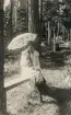 En kvinna i ljus, pälsbrämad kappa, hatt och parasoll sitter på en parkbänk. 
Vykort. Korstäppan, Dalarna (?). 
Trol. fru Anna Eksandh, g,m. häradshövding Theodor Eksandh (1858-1924), Enköping.