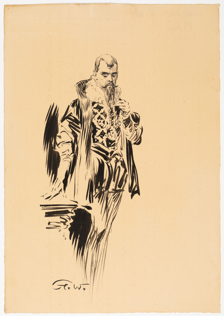 Knäbild av man något vriden åt höger som stöder sin högra hand mot en bordsskiva. Han är klädd i renässansdräkt bestående av doublet-tröja med uppskurna detaljer ur vilka undertyget väller fram, kortbyxor, stor pipkrage och kort överrock med ståndkrage. 
