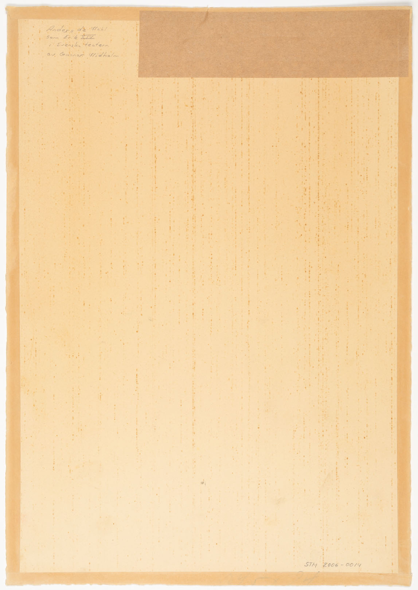 Knäbild av man något vriden åt höger som stöder sin högra hand mot en bordsskiva. Han är klädd i renässansdräkt bestående av doublet-tröja med uppskurna detaljer ur vilka undertyget väller fram, kortbyxor, stor pipkrage och kort överrock med ståndkrage. 
