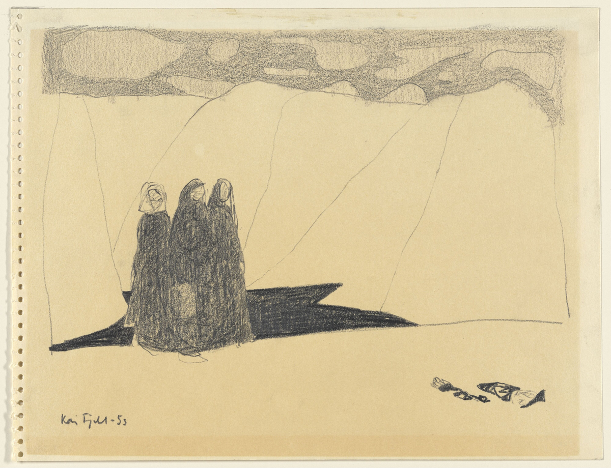 Tre kvinner i landskap [Tegning]