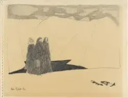 Tre kvinner i landskap [Tegning]