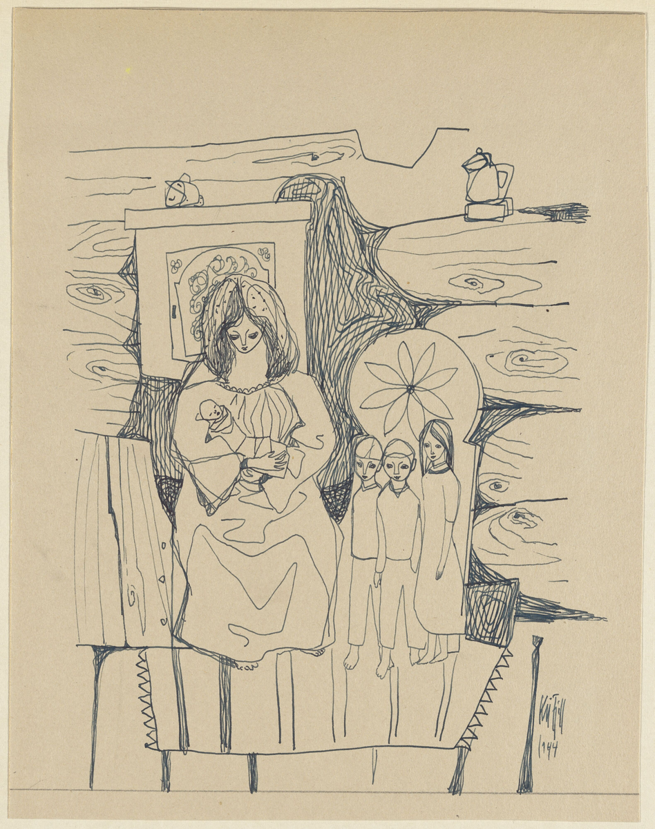 Mor med fire barn [Tegning]