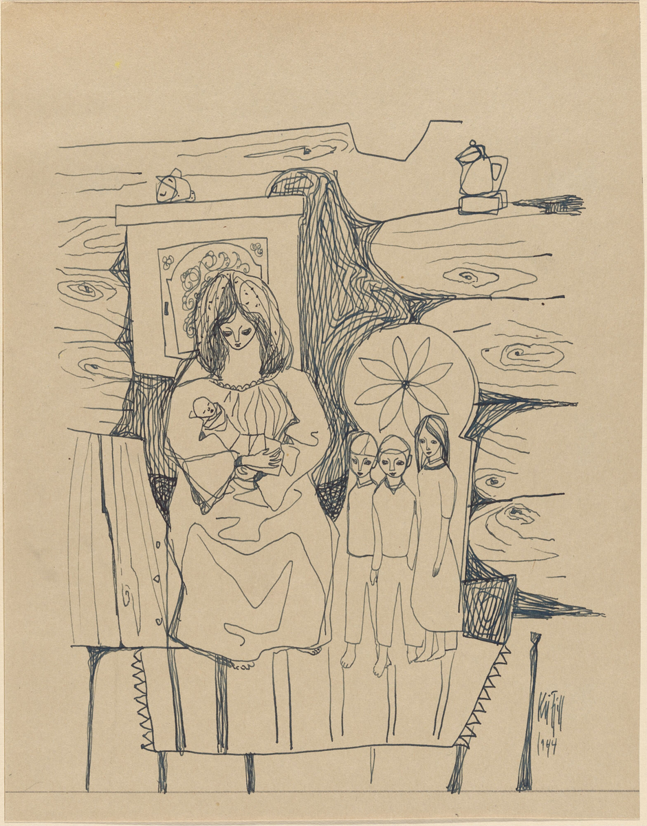 Mor med fire barn [Tegning]