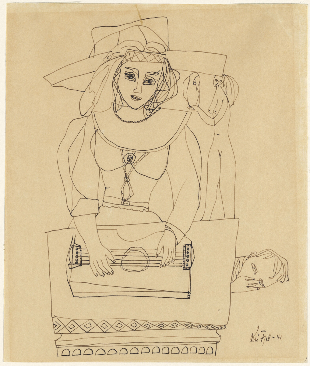 Kvinne med cithar [Tegning]