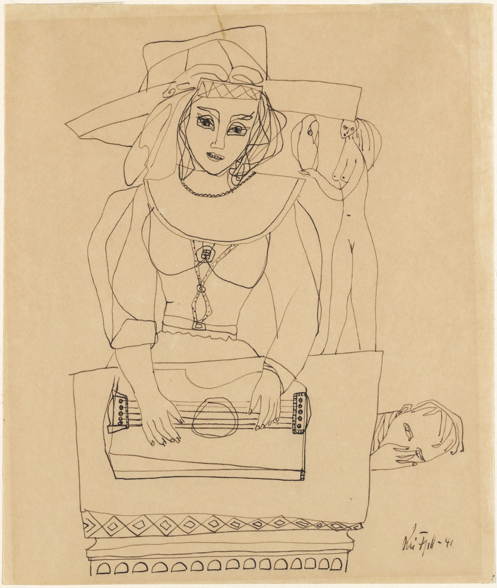 Kvinne med cithar [Tegning]