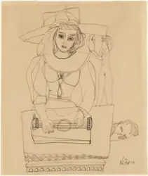 Kvinne med cithar [Tegning]