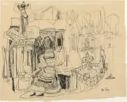 Kvinne; korsfestelses-scene; kvinne på kirkegård [Tegning]