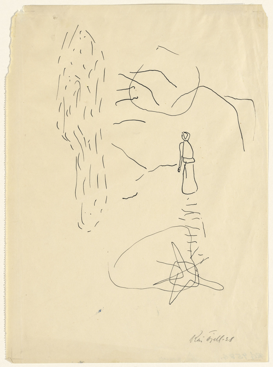 Kvinne i landskap [Tegning]