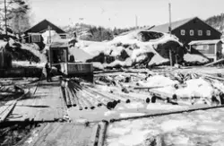 Tømmeret taes opp av vannet.