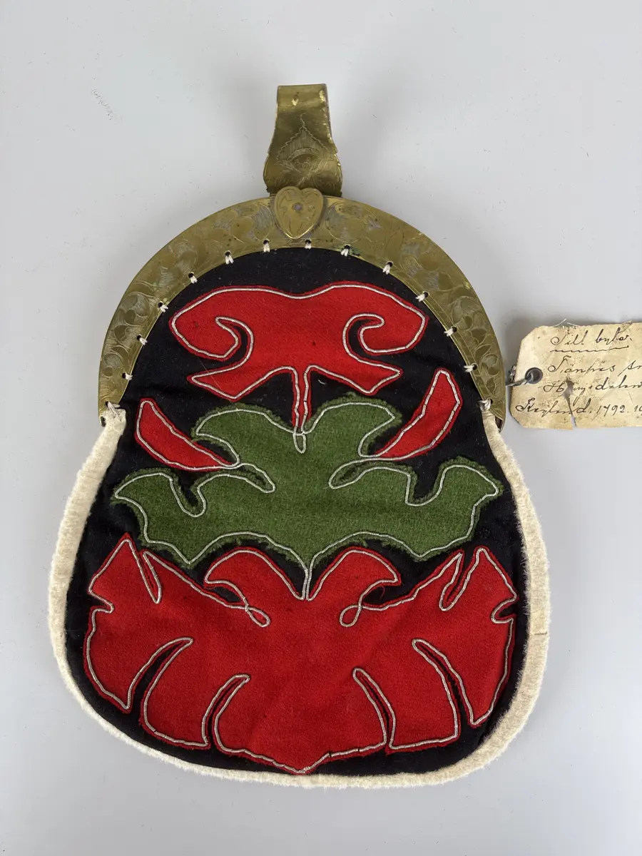 Kjolsäck till dräkt för kvinna från Delsbo socken, Hälsingland. Modell med bygel. Framstycke av svart ylletyg, kläde, med applikationer av rött och grönt ylletyg, fastsydda med tenntrådsbroderi. Motiv: i mitten en grön utklippt figur, omgiven upptill och nertill av röda figurer, alla med konturerna förstärkta med broderi. Foder av tryckt fabrikstillverkat bomullstyg, "persiskt" mönster i många färger. Kantad med remsa av vitt rakat fårskinn. Bakstycke av sämskskinn. Bygel med snäpplås och hake, båda med graverad dekor. Märkt på haken med gravyr: B.E.D.