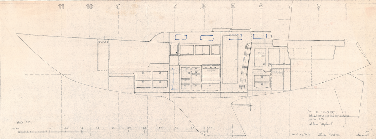 Två ritningar till Olle Linger, sektion styrbord, ritning nummer 2. Ritning a. är en kopia med inritade rutor i bläck. Rinting b. är en kopia med anteckningar i bläck.