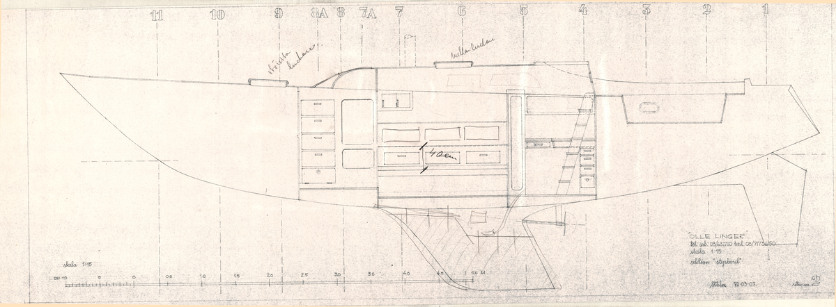 Två ritningar till Olle Linger, sektion styrbord, ritning nummer 2. Ritning a. är en kopia med inritade rutor i bläck. Rinting b. är en kopia med anteckningar i bläck.